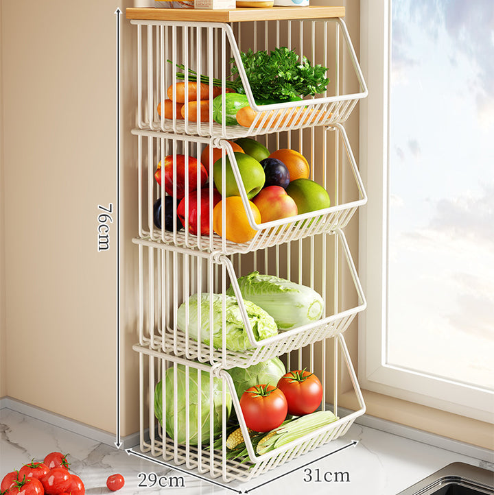 Countertop Wooden Top Metal Wire Fruit and Vegetable Storage Rack