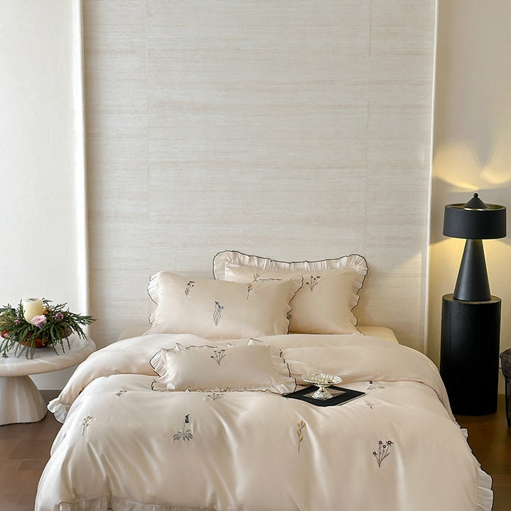 Embroidered Reversible Sateen Duvet Cover Set with Decorative Shams
