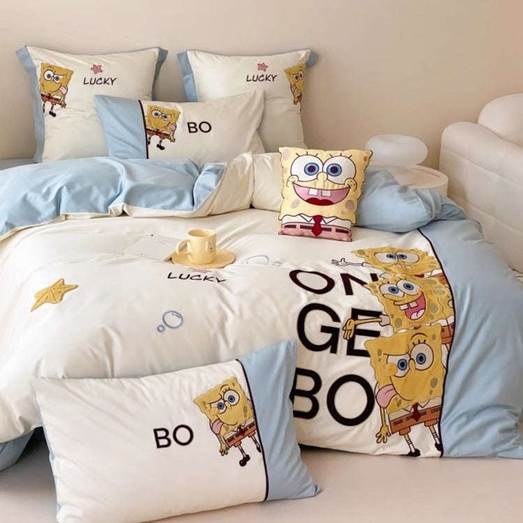 SpongeBob SquarePants-Inspired Cotton Sateen Cartoon Duvet Cover Set with Decorative Shams