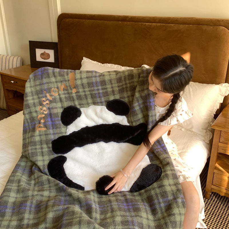 Cuddle blanket with teddy applique and checkered fleece