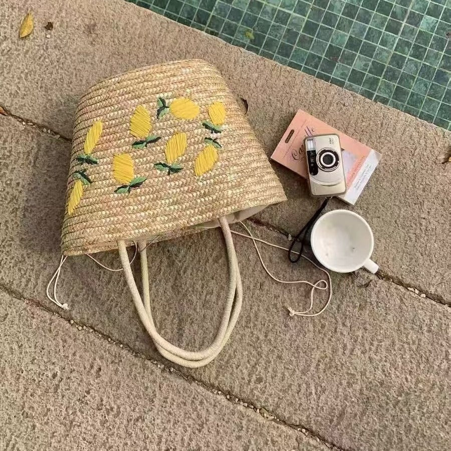 Spacious straw bag with lemon embroidery Stornfield