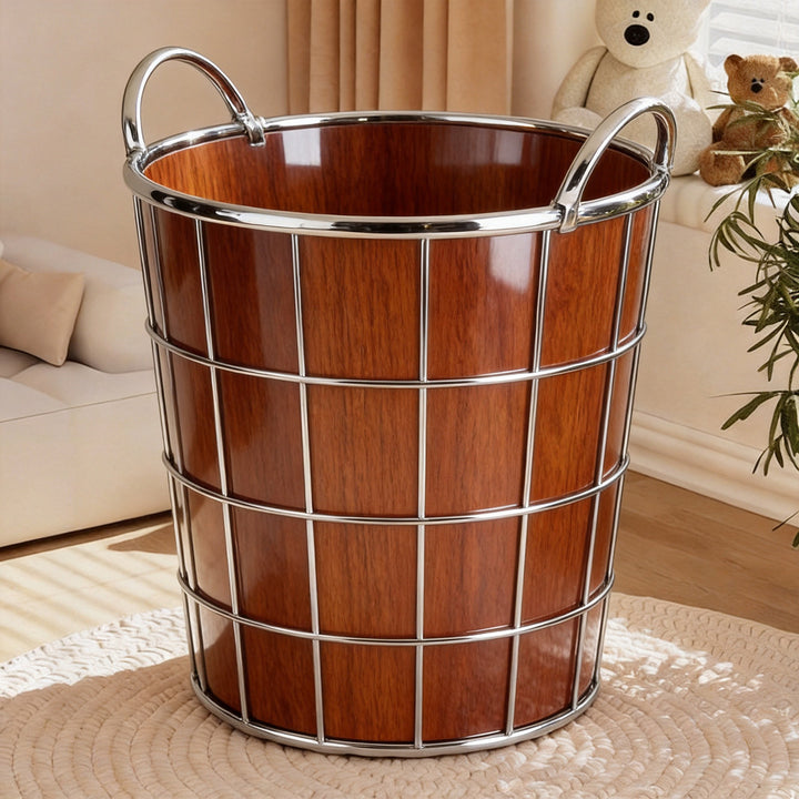 Woven Round Breathable Vertical-Slat Laundry Basket with Carry Handles