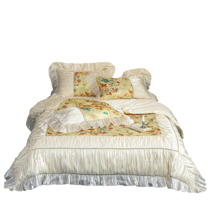 Satin-Trim Ruffled Floral Duvet Cover Set with Decorative Pillow Shams