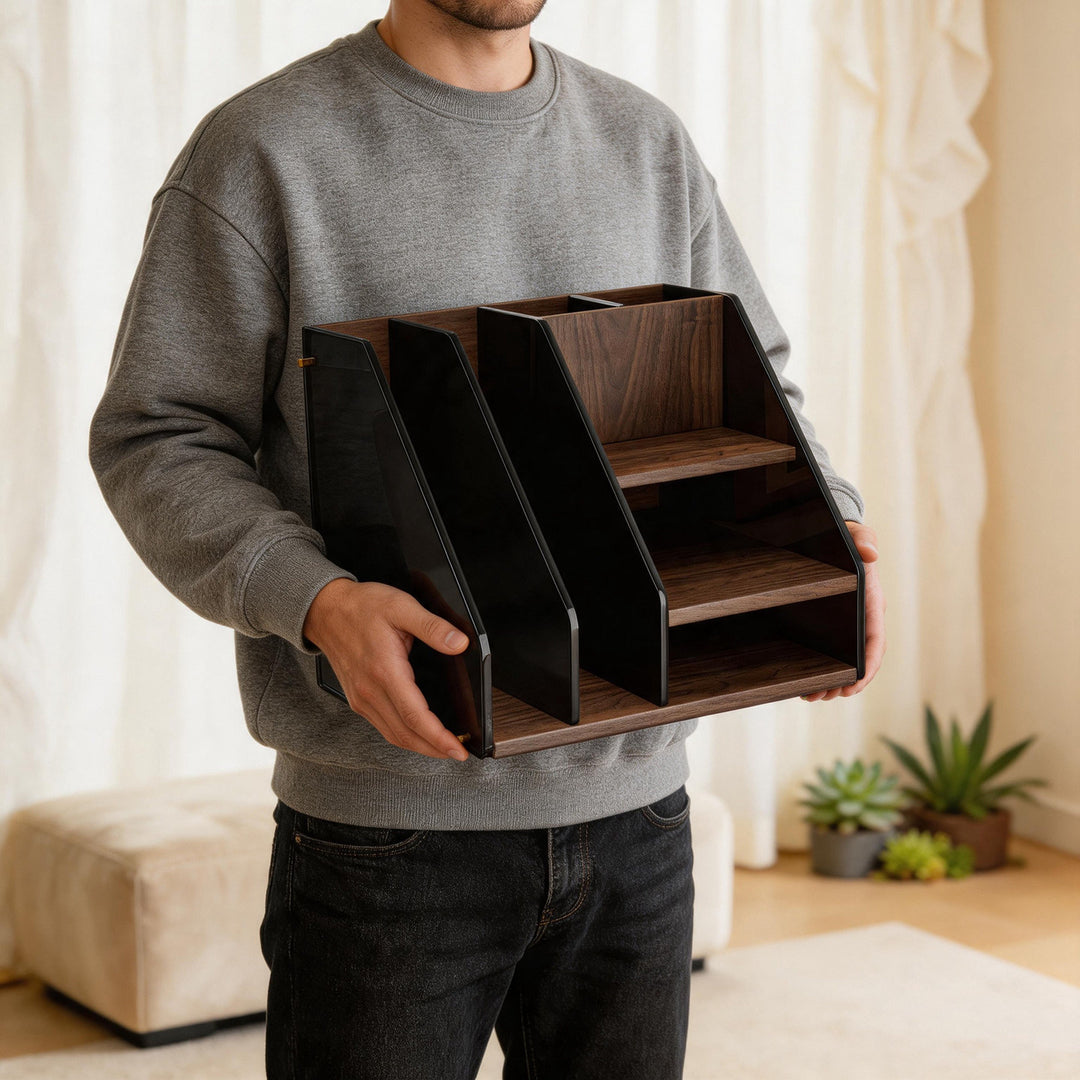 Multi-Compartment Wooden Desk Organizer with Smoky Acrylic File Dividers
