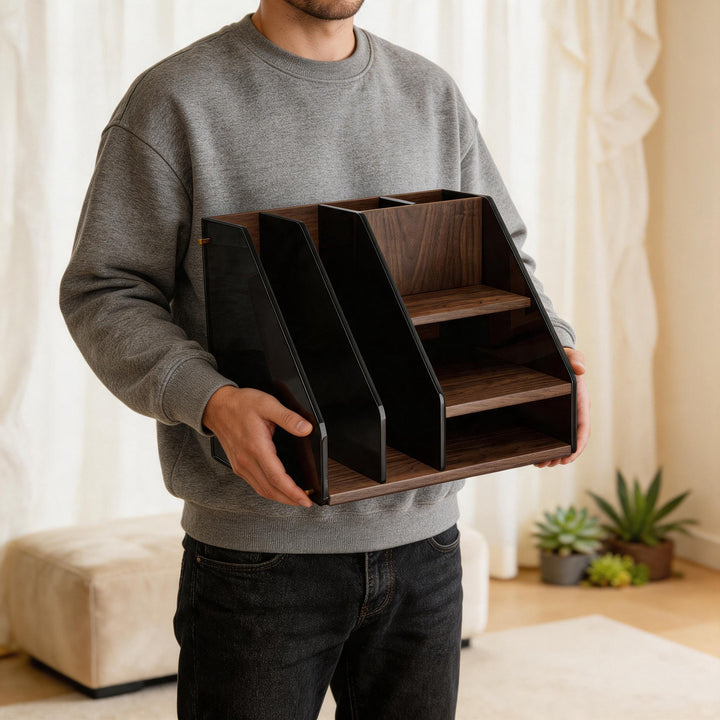Multi-Compartment Wooden Desk Organizer with Smoky Acrylic File Dividers
