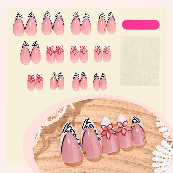 Decorative Press-On Nail Set with Floral and Geometric Accents Stornfield