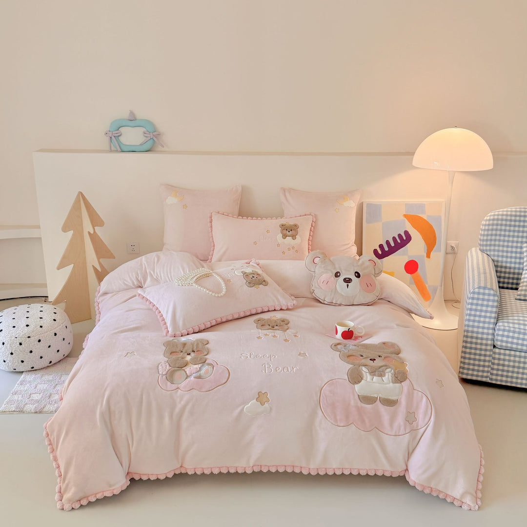 Kids' Embroidered Teddy Cotton Duvet Cover & Pillow Sham Set