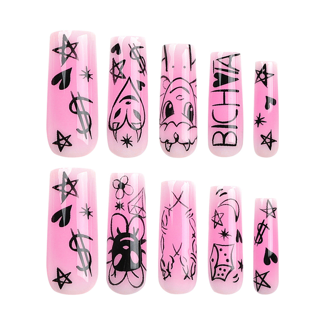 Artificial nail set with playful cartoon motif and shimmering accents Stornfield