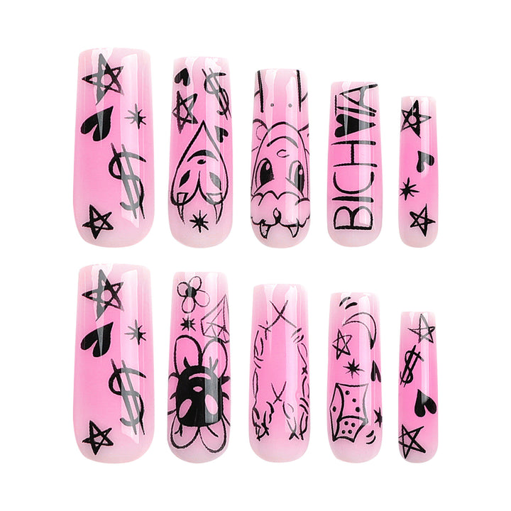 Artificial nail set with playful cartoon motif and shimmering accents Stornfield