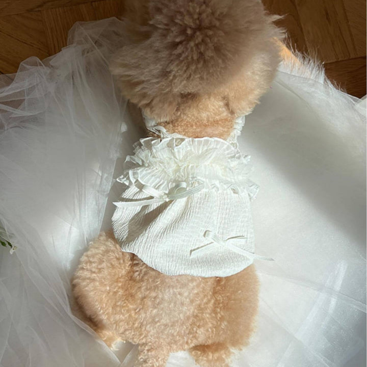 Infant Ruffle-Strap Textured Romper Dress with Organza Trim & Satin s
