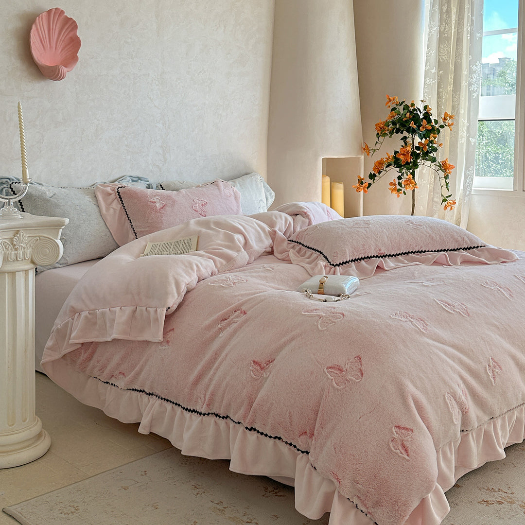 Embroidered Butterfly Ruffled Linen-Blend Duvet Cover Set with Decorative Pillow Shams
