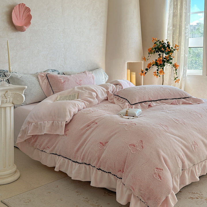 Embroidered Butterfly Ruffled Linen-Blend Duvet Cover Set with Decorative Pillow Shams