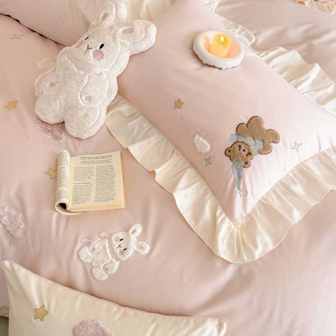 Ruffled Embroidered Teddy and Cloud Cotton Sateen Duvet Cover Set