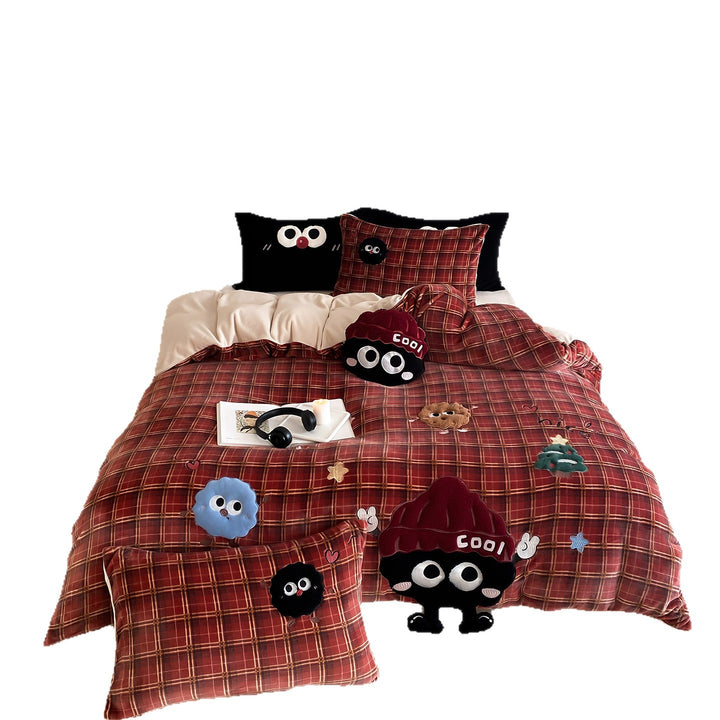 Plaid Embroidered Cartoon Appliqué Duvet Cover Bedding Set