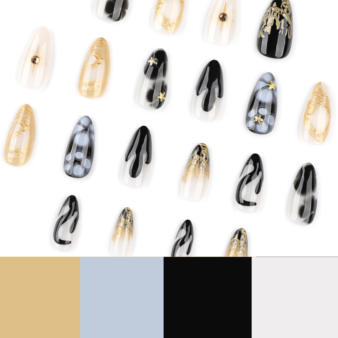 Elegant Stiletto Artificial Nails with Gold Accents and Modern Designs Stornfield