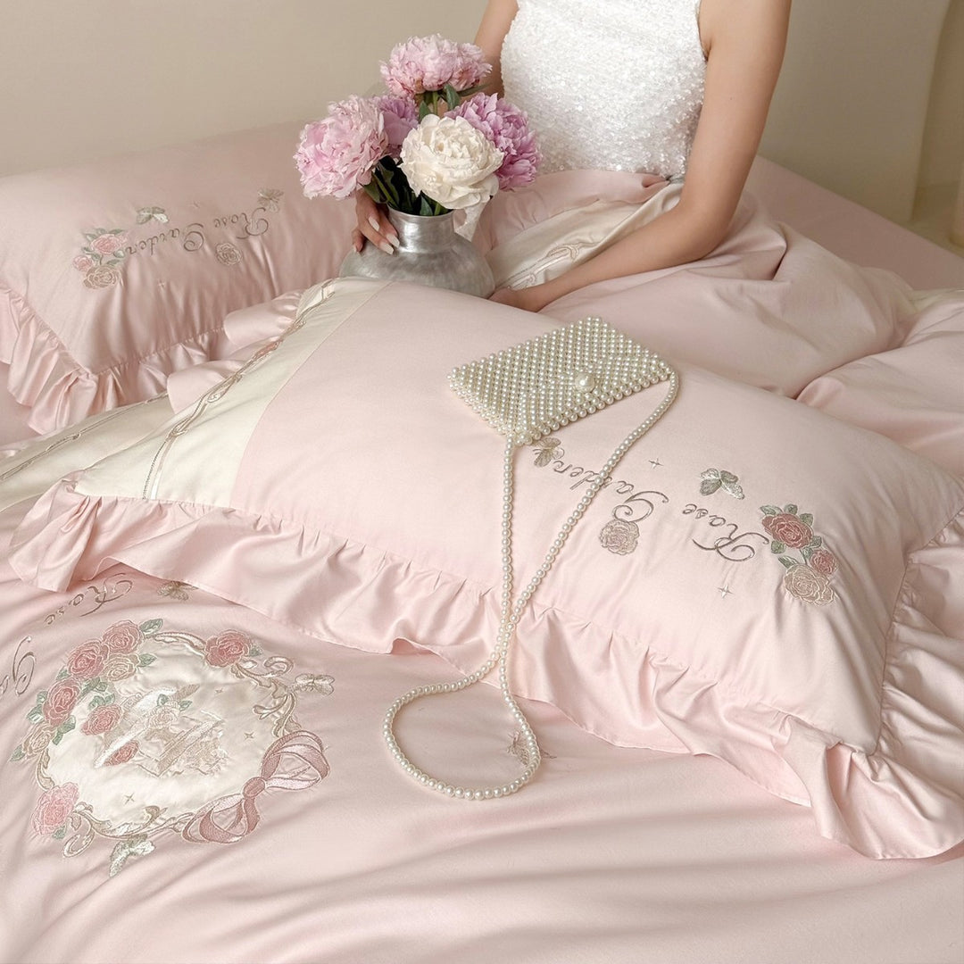 Rose-Embroidered Satin-Blend Ruffled Duvet Cover Set with Lace-Inset Border & Matching Shams