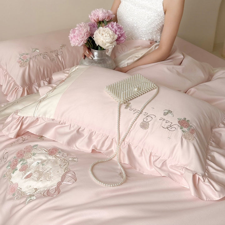 Rose-Embroidered Satin-Blend Ruffled Duvet Cover Set with Lace-Inset Border & Matching Shams
