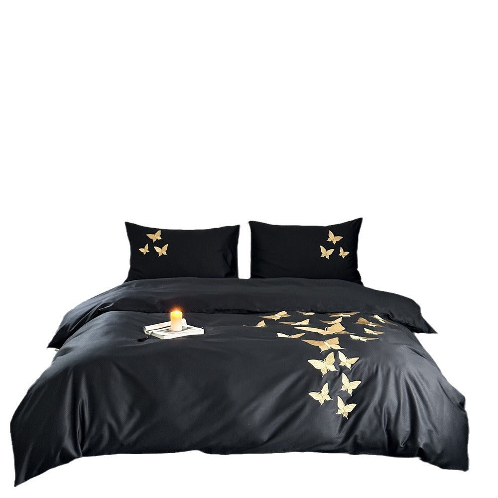 Luxury Cotton Sateen Duvet Cover Set with Gold Butterfly Embroidery