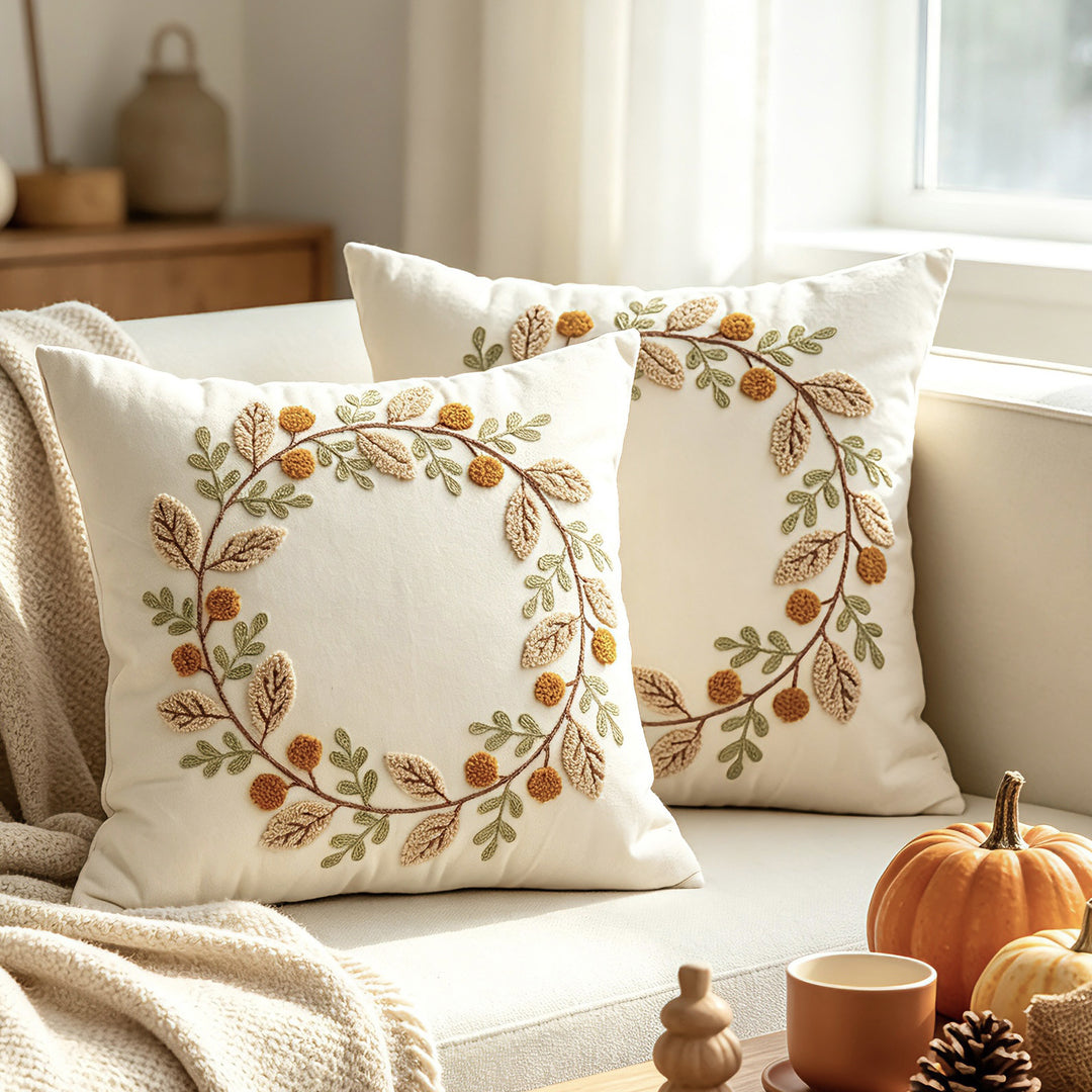 Embroidered Cozy Autumn Throw Pillow with Textured Pom Accents