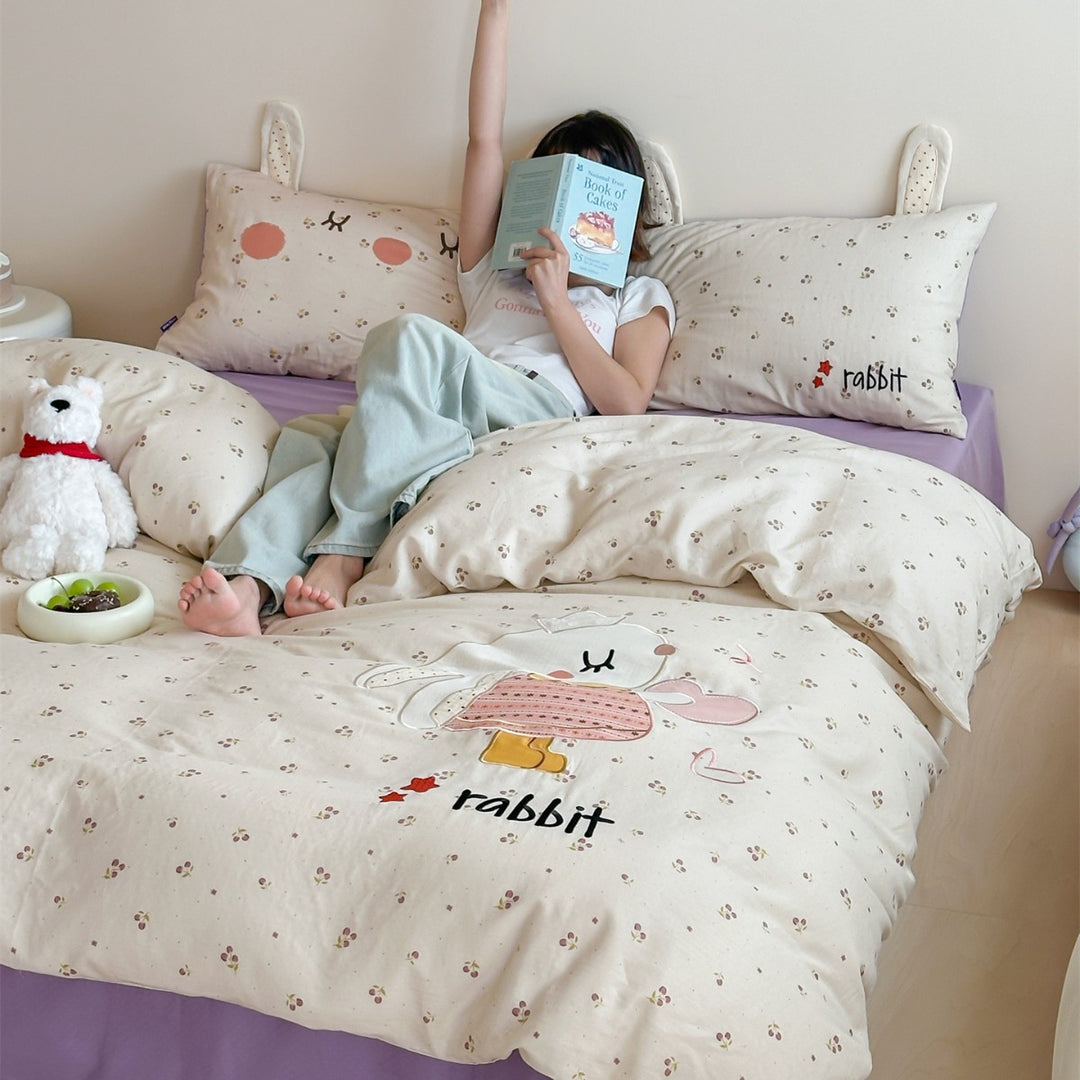 Kids Cartoon Rabbit Cotton Duvet Cover Set with 3D Ear Pillowcases
