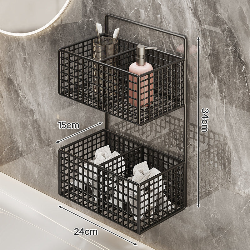 Wall-Mounted Metal Grid Bathroom Caddy with Triple Compartments Hooks and Drainable Base