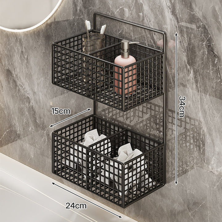 Wall-Mounted Metal Grid Bathroom Caddy with Triple Compartments Hooks and Drainable Base