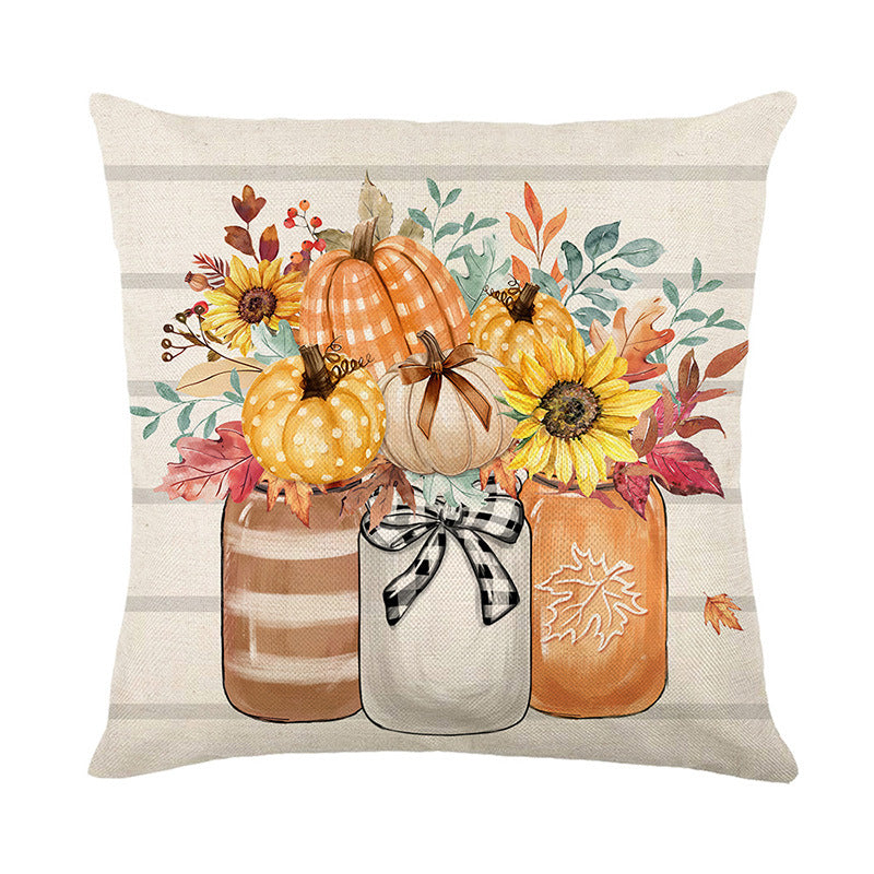 Rustic Farmhouse Autumn Pumpkin Linen-Cotton Throw Pillow Cover with Buffalo Check Bow Print