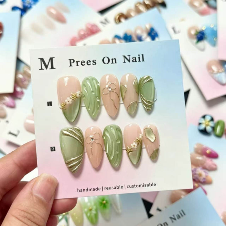 Handmade Press-On Nail Art Set with Botanical Design