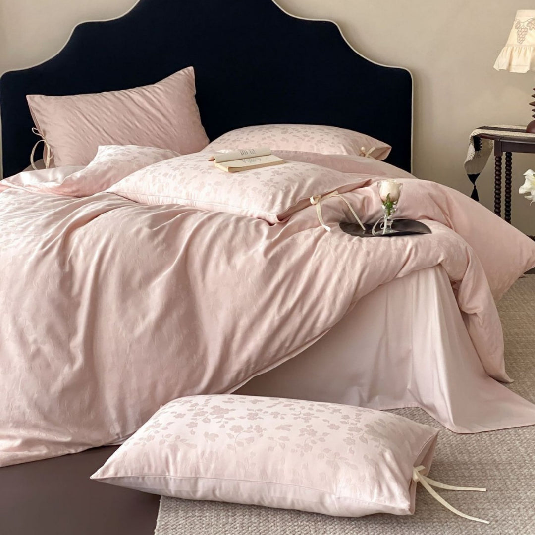 Floral Jacquard Satin-Feel Duvet Cover Set with Tie-Closure Pillow Shams