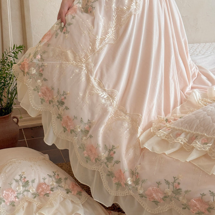Lace-Embroidered Ruffled Quilted Duvet Cover Set with Scalloped Floral Appliqué