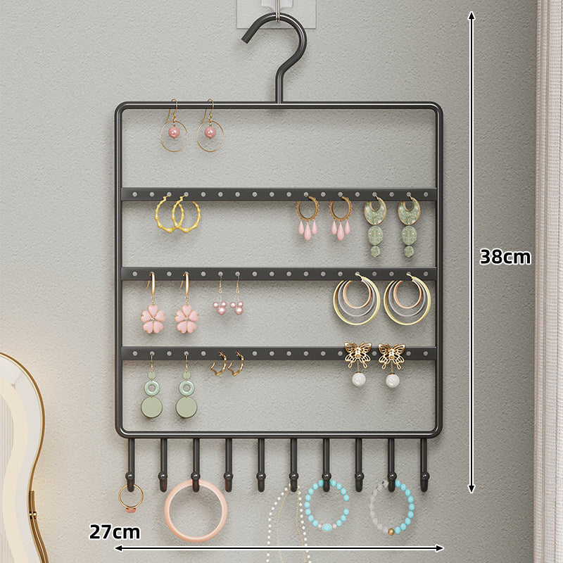 Wall-Mounted Multi-Row Jewelry and Earring Organizer Hanger with Integrated Necklace Hooks