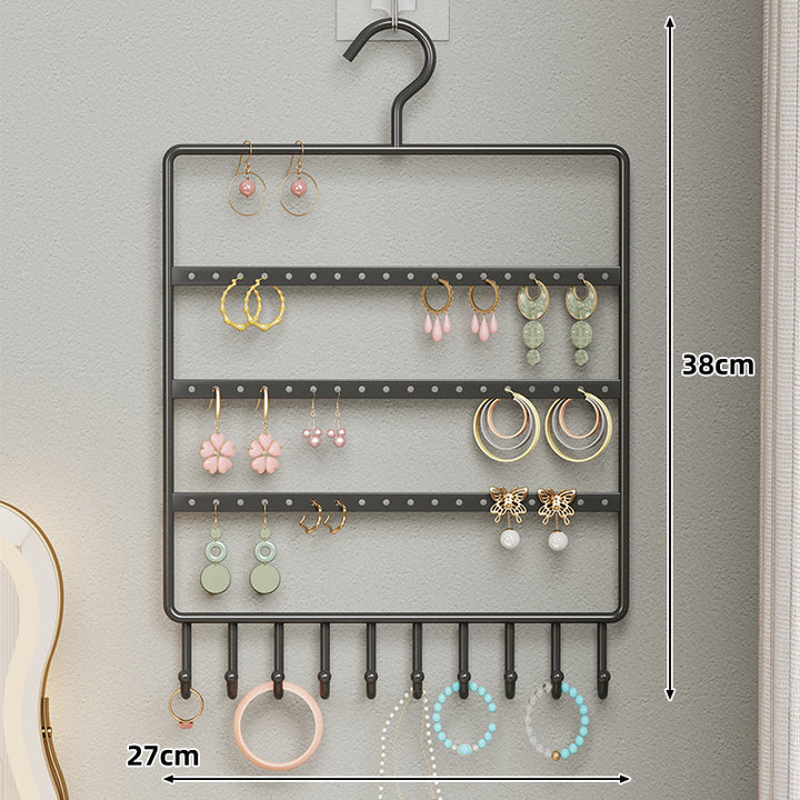Wall-Mounted Multi-Row Jewelry and Earring Organizer Hanger with Integrated Necklace Hooks
