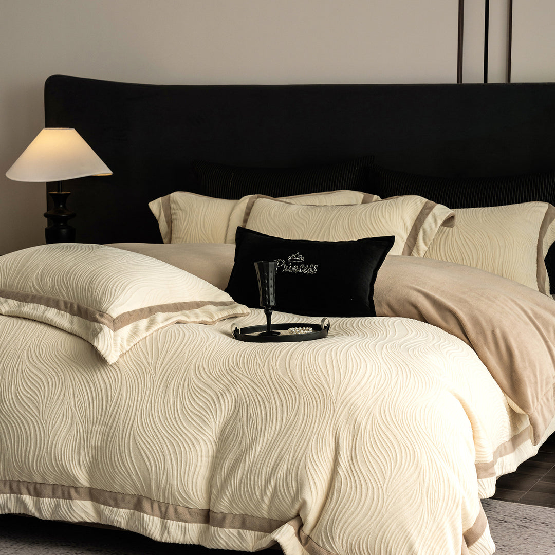 Luxurious velvet bedding set with relief structure and decorative trim