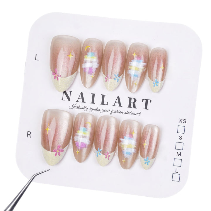 Artistic Press-On Nail Set with Whimsical Floral Patterns Stornfield