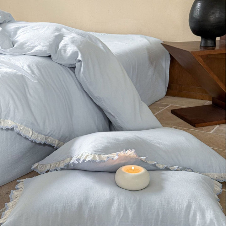 Ruffled Lace-Trim Washed Cotton Duvet Cover Set with Pillow Shams