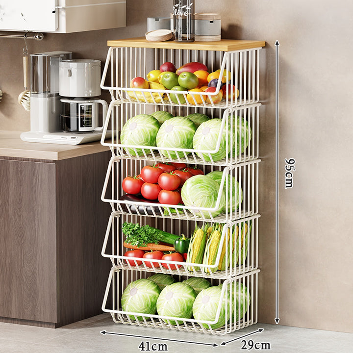 Slim Vertical Multi-Tier Fruit and Vegetable Storage Cart with Wood Top and Locking Casters