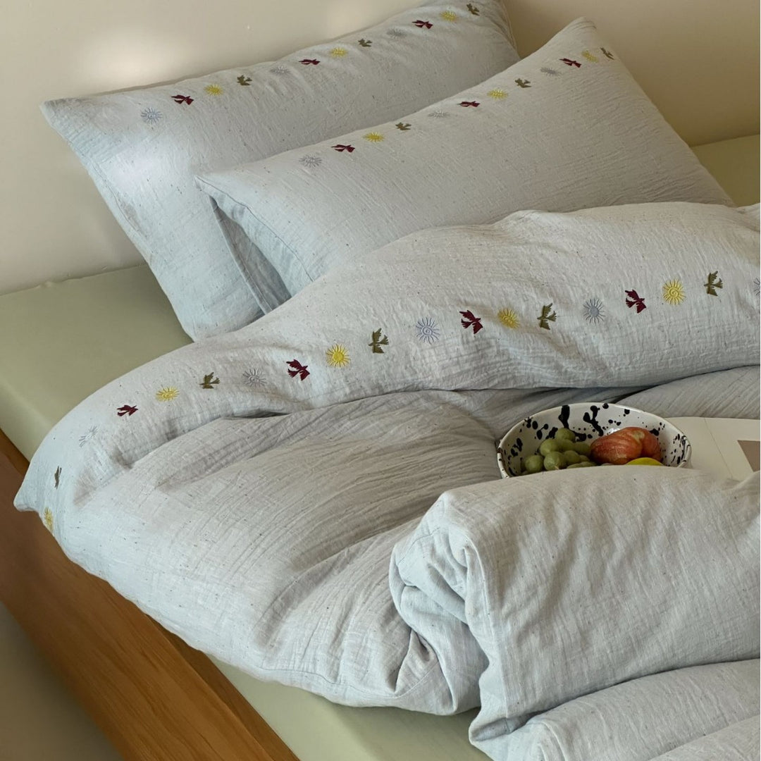 Washed Linen-Cotton Duvet Cover Ensemble with Hand-Embroidered Mini Floral Trim