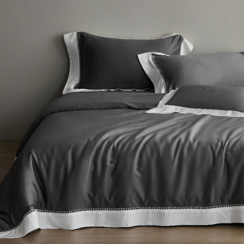 Luxury Sateen Duvet Cover Set with Contrast Hem and Eyelet-Embroidered Shams