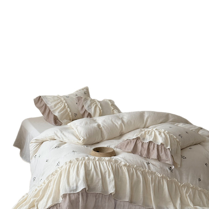 Ruffled Cotton Duvet Cover Set with Embroidered Floral Motif and Gingham Bed Skirt