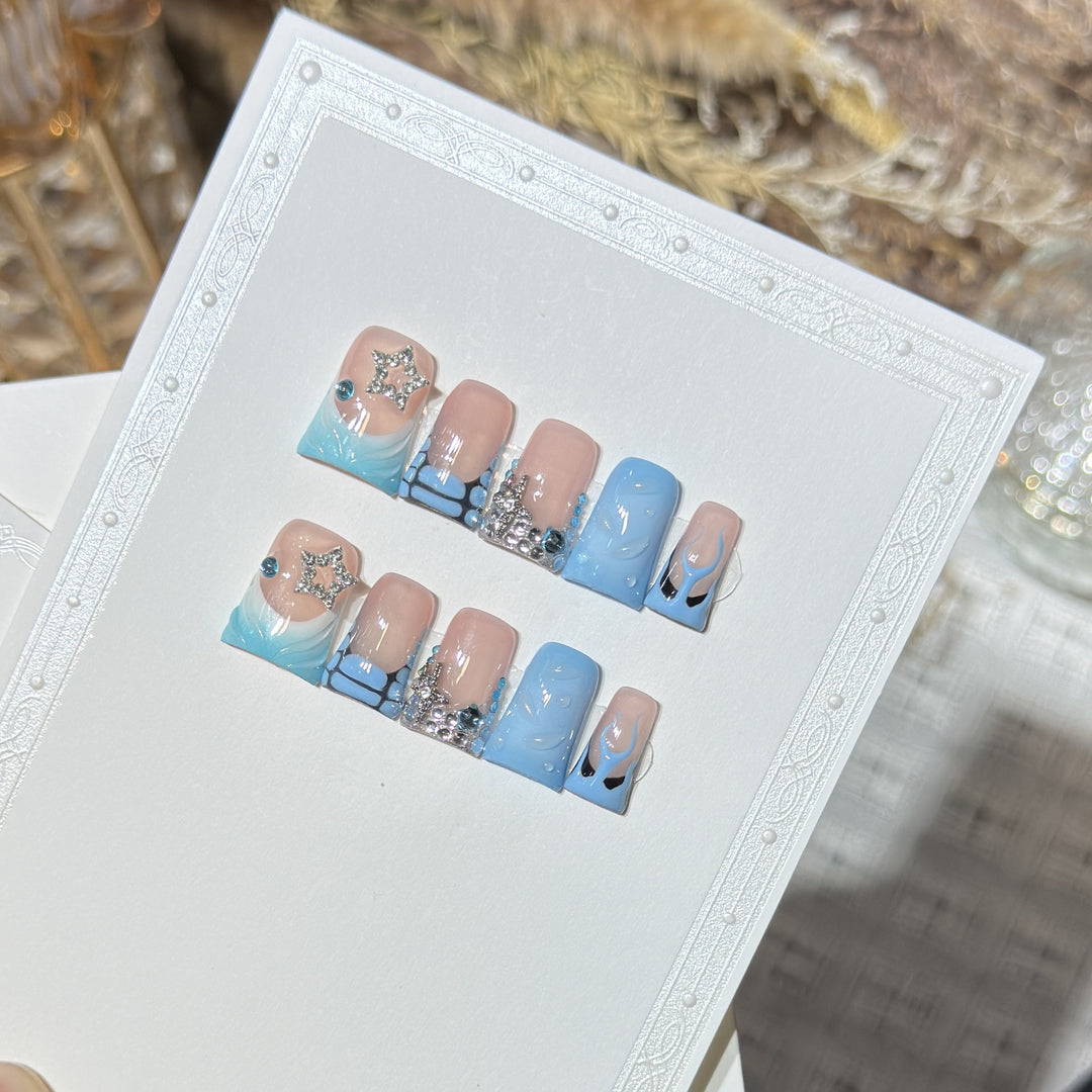 Decorative Press-On Nail Art Set with Ocean-Inspired Design Stornfield