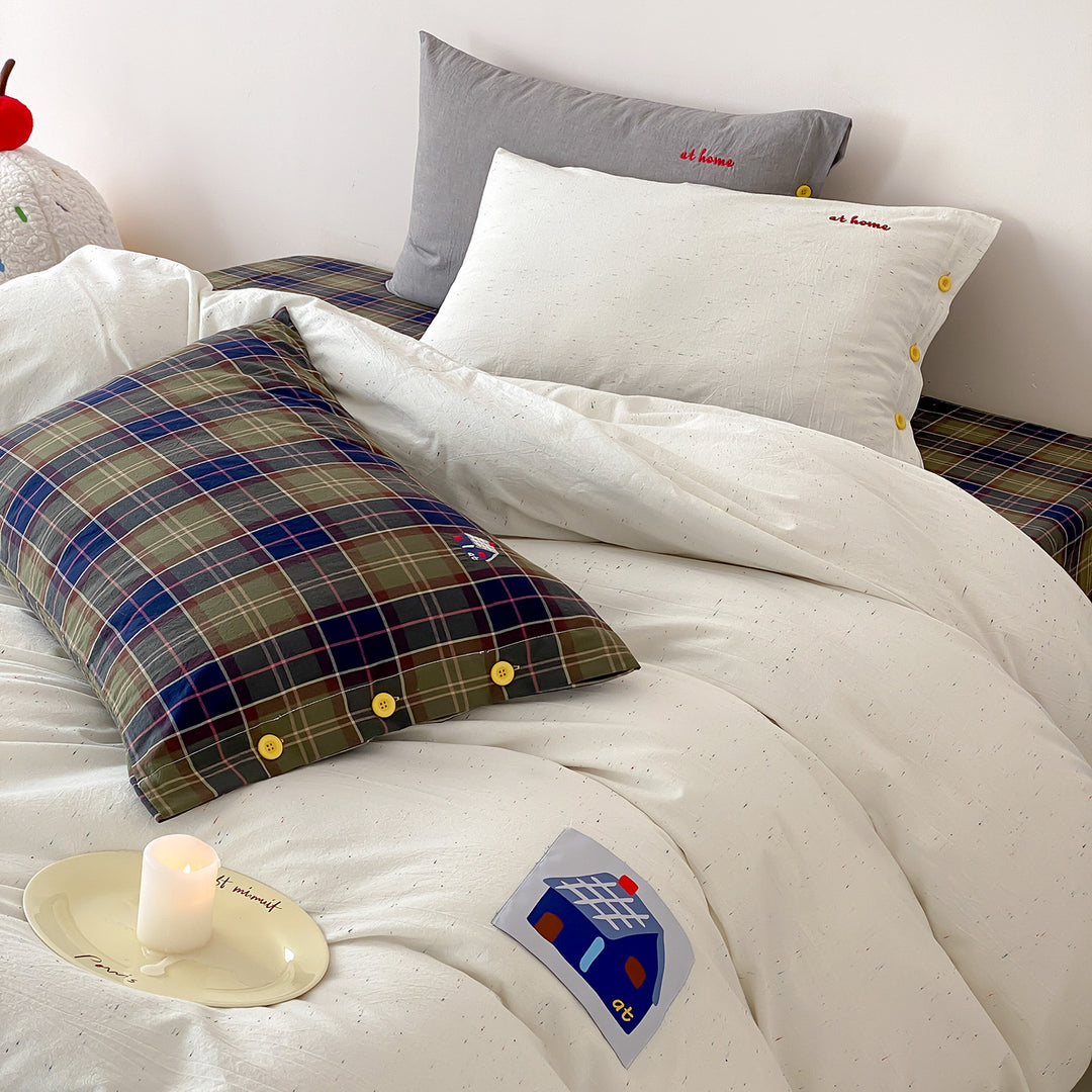 Cotton Percale Duvet Cover Set with Button Closure and Embroidered Accent