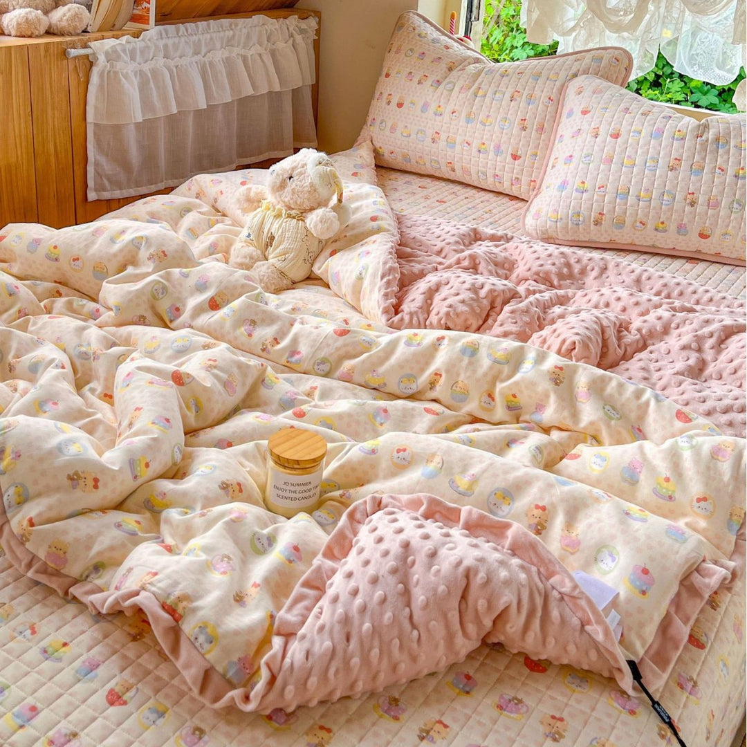 Children's Quilted Reversible Minky-Back Duvet Comforter Set with Ruffled Edge