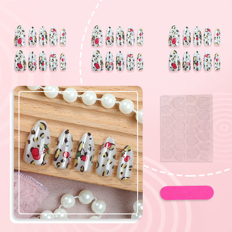 Artistic Cherry and Leopard Print Press-On Nail Art Set Stornfield