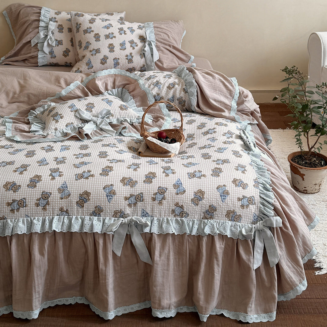 Ruffled Cotton Quilted Duvet Cover Set with Teddy Bear Print and Lace Trim