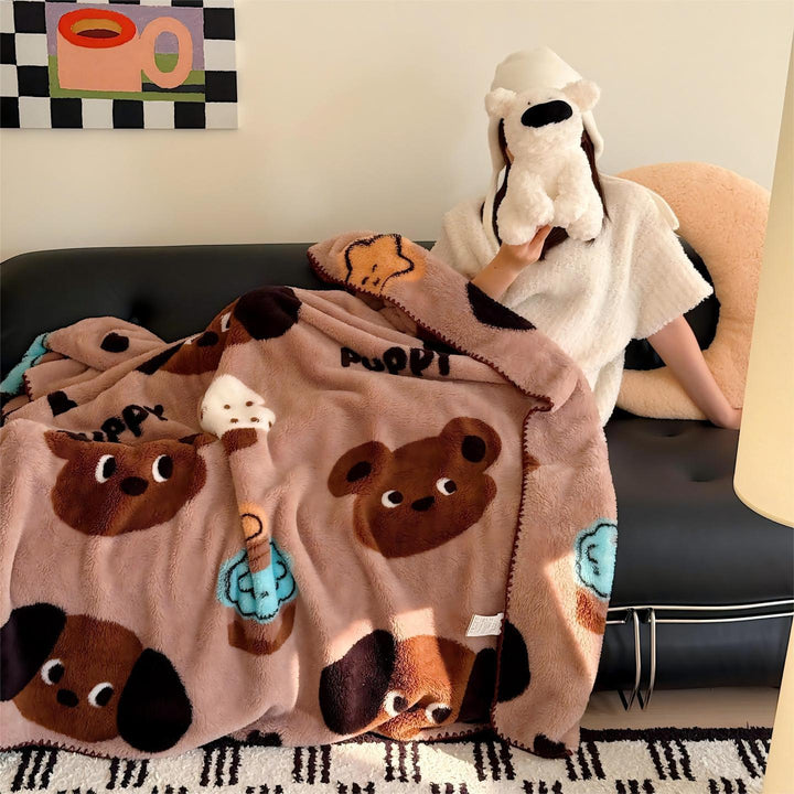 Plush Sherpa Fleece Throw Blanket with Cartoon Dog Motif