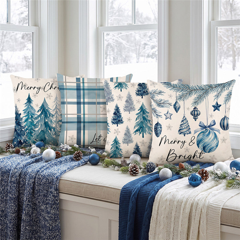 Holiday Cotton-Linen Square Throw Pillow Cover with Watercolor Ornament Illustration and Merry & Bright Script