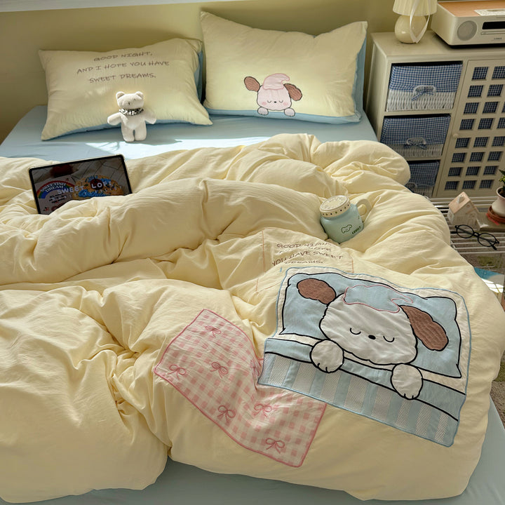 Plush Quilted Cartoon Puppy Duvet Comforter Set