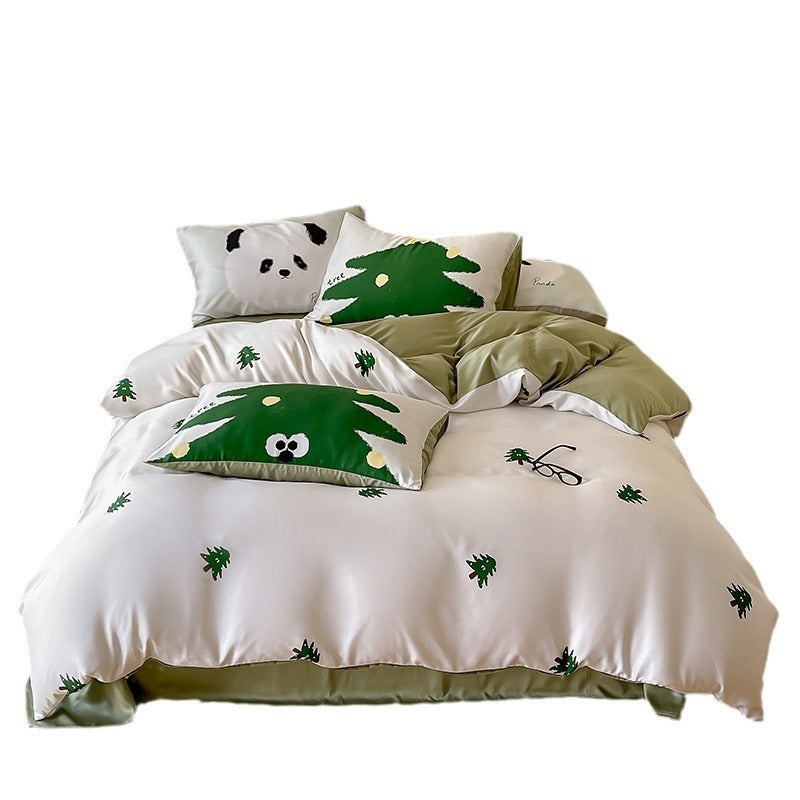 Reversible cotton satin bedding set with minimalist panda faces