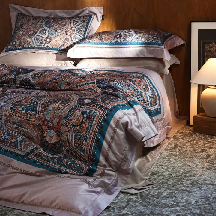 Ornate Mosaic-Print Cotton-Sateen Duvet Cover Ensemble with Solid Sateen Border & Pillow Shams
