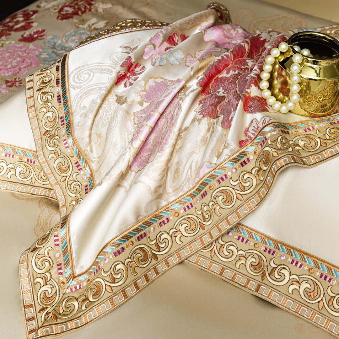 Premium Floral Jacquard Satin Duvet Cover Ensemble with Embroidered Border & Accent Pillow Shams